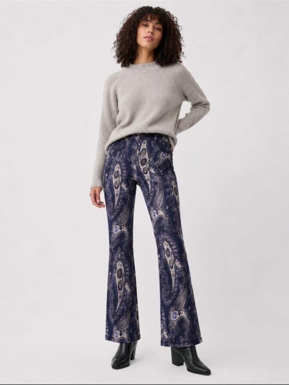 Maeve Anthropologie Paisley Flare 70s Pants Blue Metallic Knit Women’s 4 Small